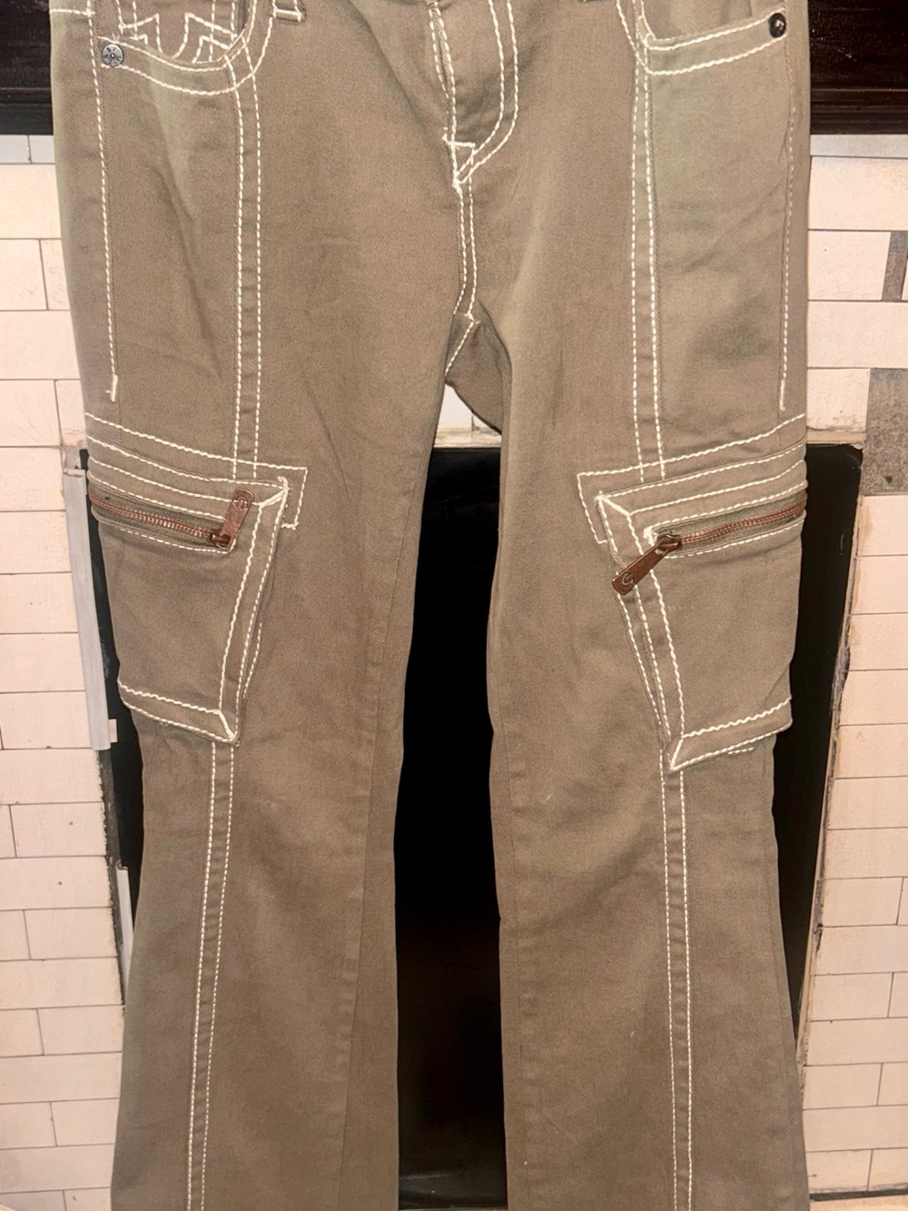 True Religion Olive Green Cargo Pants with White Stitching